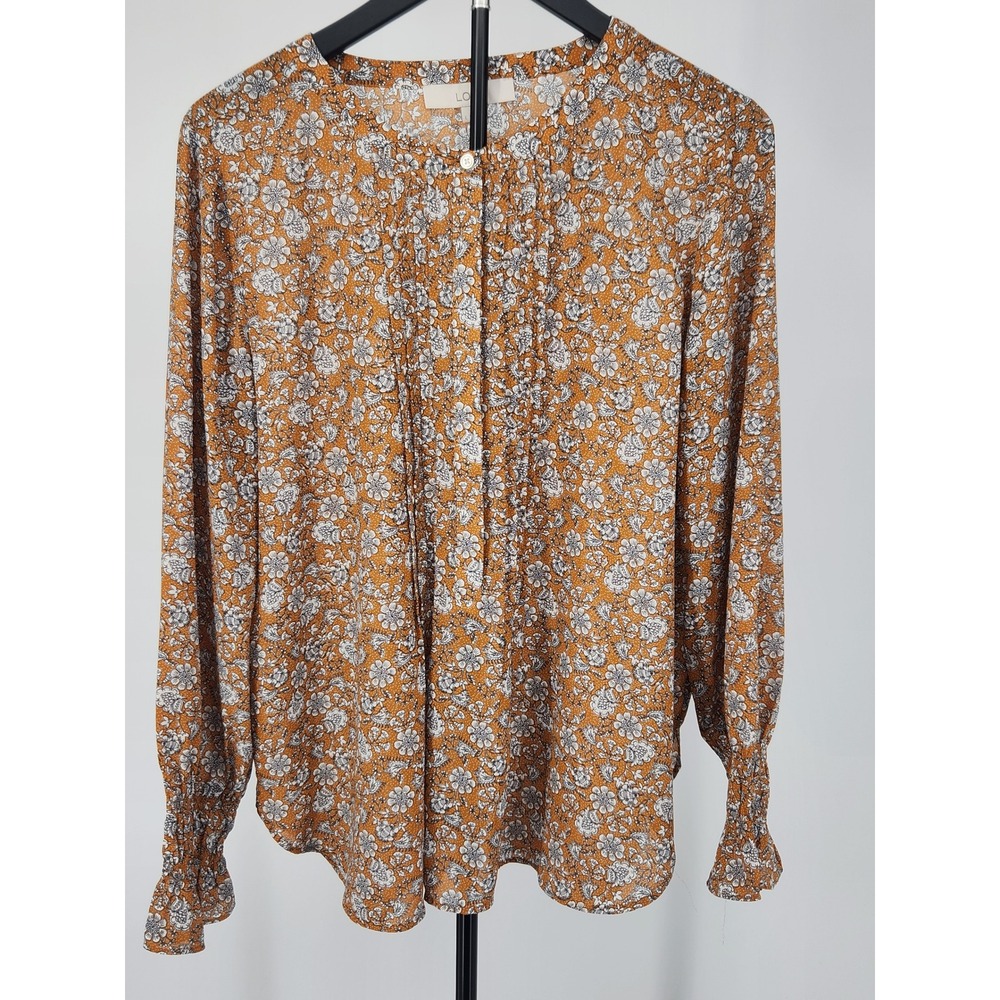 Loft Mustard Orange Floral Pleated Front Blouse Smocked Cuffs Large 502976